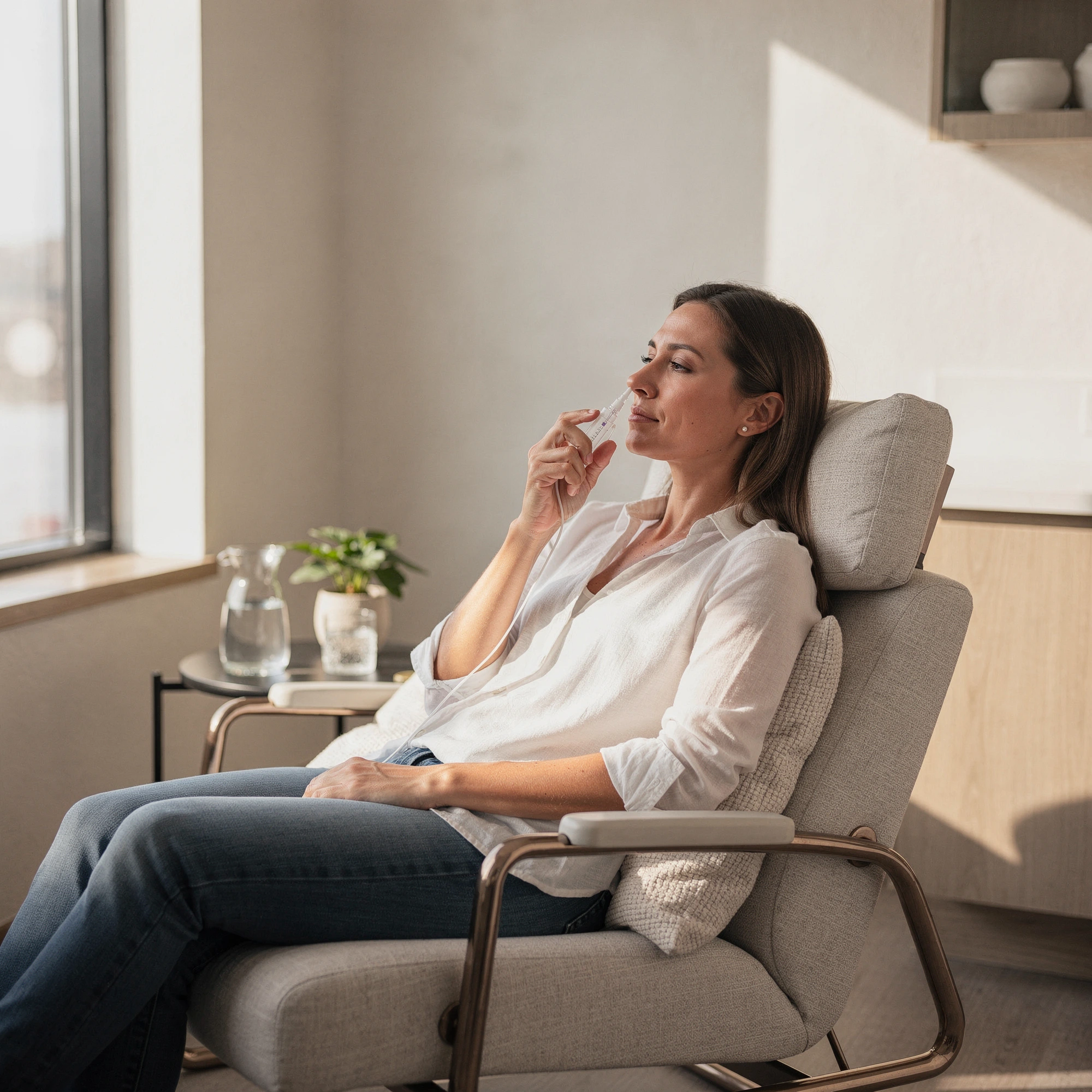 Woman seated in a comfortable chair during a Spravato treatment session at Myndful Wellness